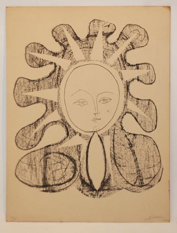 Picasso signed lithograph "Francoise as the Sun": Pablo Picasso signed lithograph " Francoise et Soleil." Pencil Signed Picasso Lower Right and hand numbered 40/50 Lower Left. Subject of lithograph is Francoise Gilot, Picasso's paramour for approxima