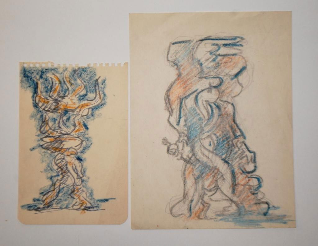 2 Jacques Lipchitz Original Sketches for Sculpture: Sketches possibly for his famous final sculpture "Our Tree of Life" in Israel (note figure hand placement, one hand holding dagger in one and the crown of the tree in the other.) Sizes are 6" x 8 3/4"
