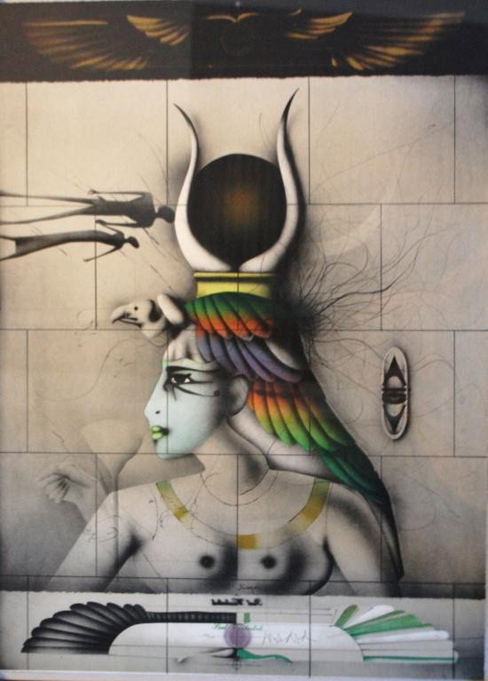 Paul Wunderlich signed Ltd Ed Lithograph: Paul Wunderlich lithograph, pencil signed, limited edition numbered 80/250. 1982, image was used on the posters for the Met Opera's AIDA in 1983, In an art deco style frame, under glass. 25 1/2" x 33 
