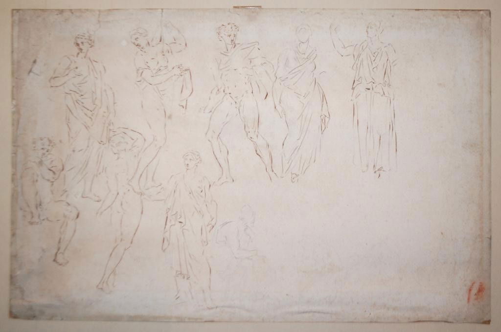 Mid 17th c.Figural Sketch possibly Nicolas Poussin: A series of figural sketches in pencil, pen and ink on mid 17th century paper, possibly Nicolas Poussin (French 1594-1665). A Series of staged figures in the classical style in pencil, some of then em