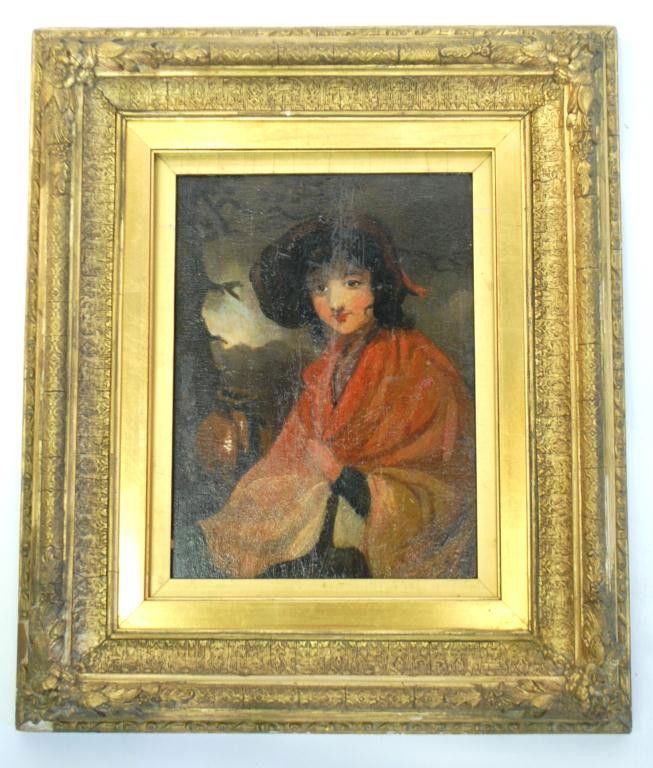 Possibly Romney Portrait of a Girl 1776 OOB - Rare: Portrait of a girl painted in oil on wood board. Interior of period frame is marked "Romney 1766". George Romney (English 1734-1802) was a court portraitist and traveled to Paris and Italy beginnin