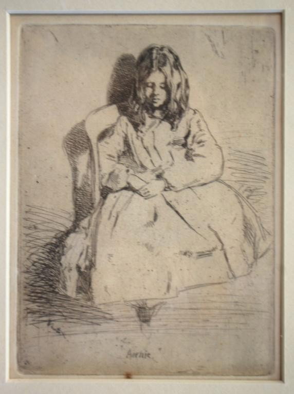 Whistler Etching " Annie": James Abbott McNeill Whistler (American, 1834-1903) "Annie" etching. Overall 12 3/4" x 17", site size 4" x 5 1/4" Provenance: Owned by, and consigned by the Grandson of, Thomas H Keating General Motor