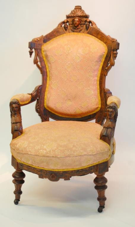 Renaissance Revival Walnut Carved Figural Chair: 19th Century, possibly John Jelliff NJ. 48" tall