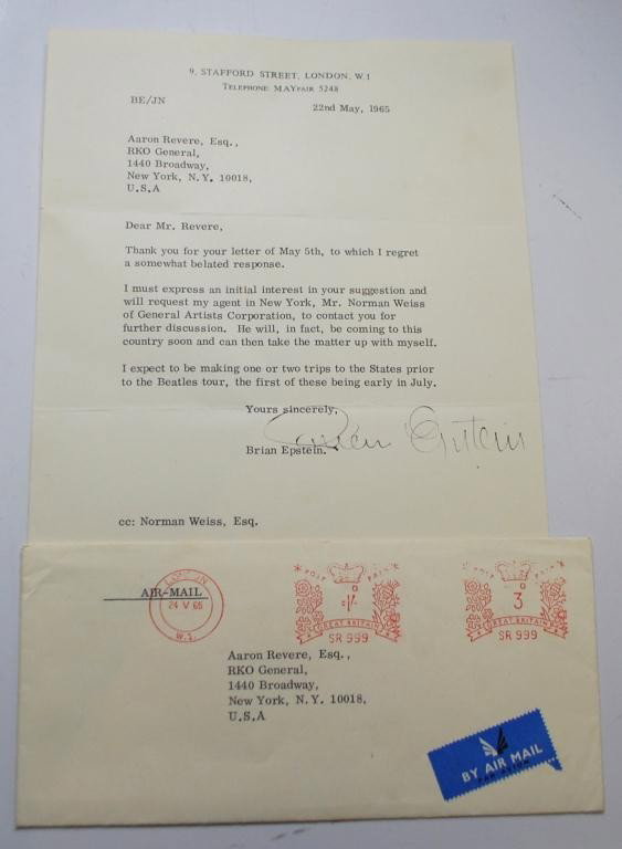 Brian Epstein signed Beatles related letter: Brian Epstein, Manager of the Beatles, typed and signed letter dated 22nd May, 1965 to Aaron Revere, Attorney at RKO, regarding planning for Beatles Second tour of America. Letterhead reads "9, Staffo