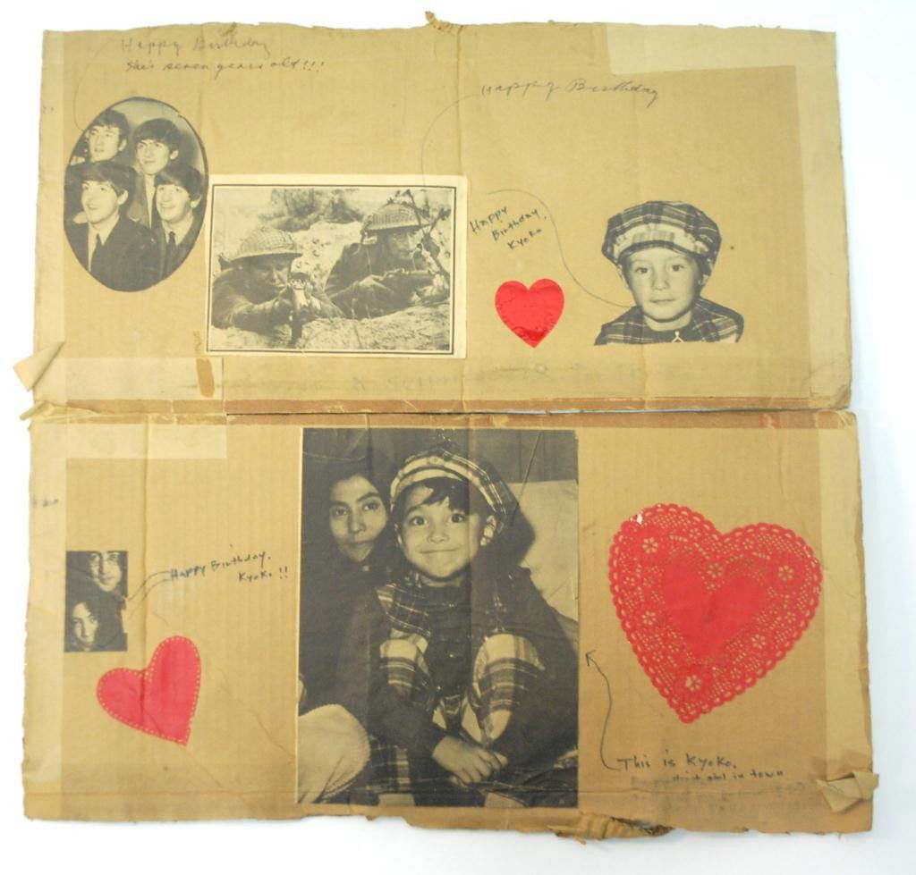 John Lennon Yoko Ono Homemade Kyoko Birthday Card: Rare! One of a kind handwritten homemade 7th birthday card made by John Lennon and Yoko Ono for, Kyoko, Yoko's daughter from a previous marriage. The card includes clipped out newspaper images of John