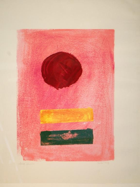 Adolf Gottlieb-Printer's Proof "Pink Ground": ADOLPH GOTTLIEB 1903-1974. Screenprint 1972 "Pink Ground" Hand Signed with "1972" in lower left with "Printer's Proof" hand-written in lower right. Full Margins 27" x 36" image 171/2"x 24". Very good 