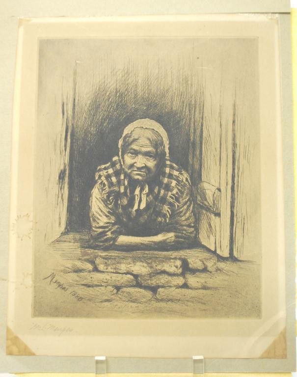 M L Mempes signed etching: Mortimer Mempes (British, 1859-1938) signed etching of an old woman leaning our her cottage window. Pencil signed LL and signed and dated in plate. Some wear and staining to edges.Provenance: Owned by