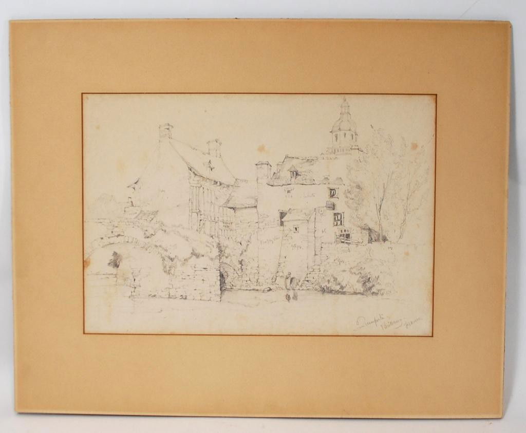 Drawing Manner of Joseph Mallard William Turner: Preparatory Pencil Drawing, for watercolor or etching, in the manner of Joseph Mallard William Turner (1775-1851) Inscribed "Quimperle Brittany France" in lower right hand corner. Lower left has what