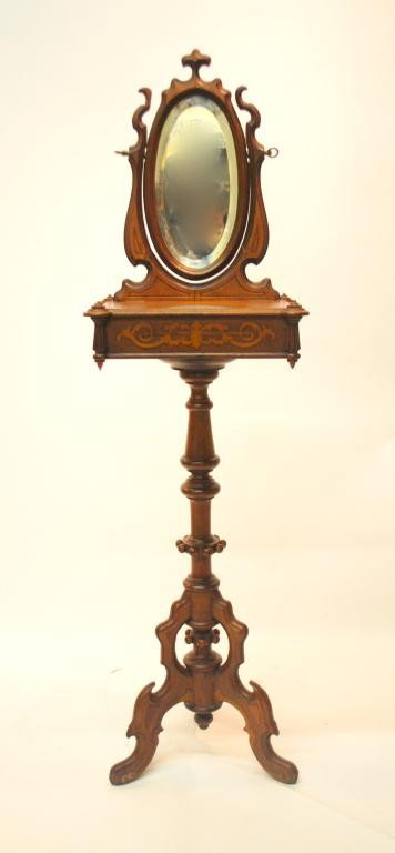Tripod Carved Walnut Inlaid Shaving Stand: Renaissance Revival Style. 61 3/4" tall