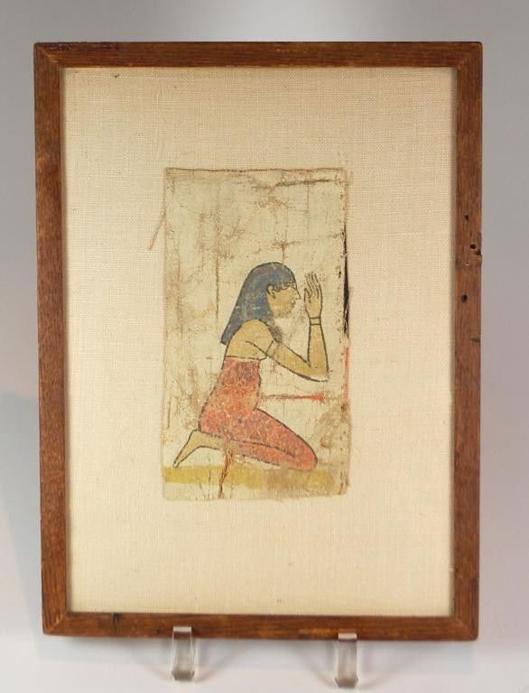 Ancient Egyptian Partial Painted Linen Panel: kneeling figure, owned by the late sculptor Jacques Lipchitz. 3 3/4" x 6 1/2" fragment, framed under glass 8 3/4" x 11 1/2" overall.