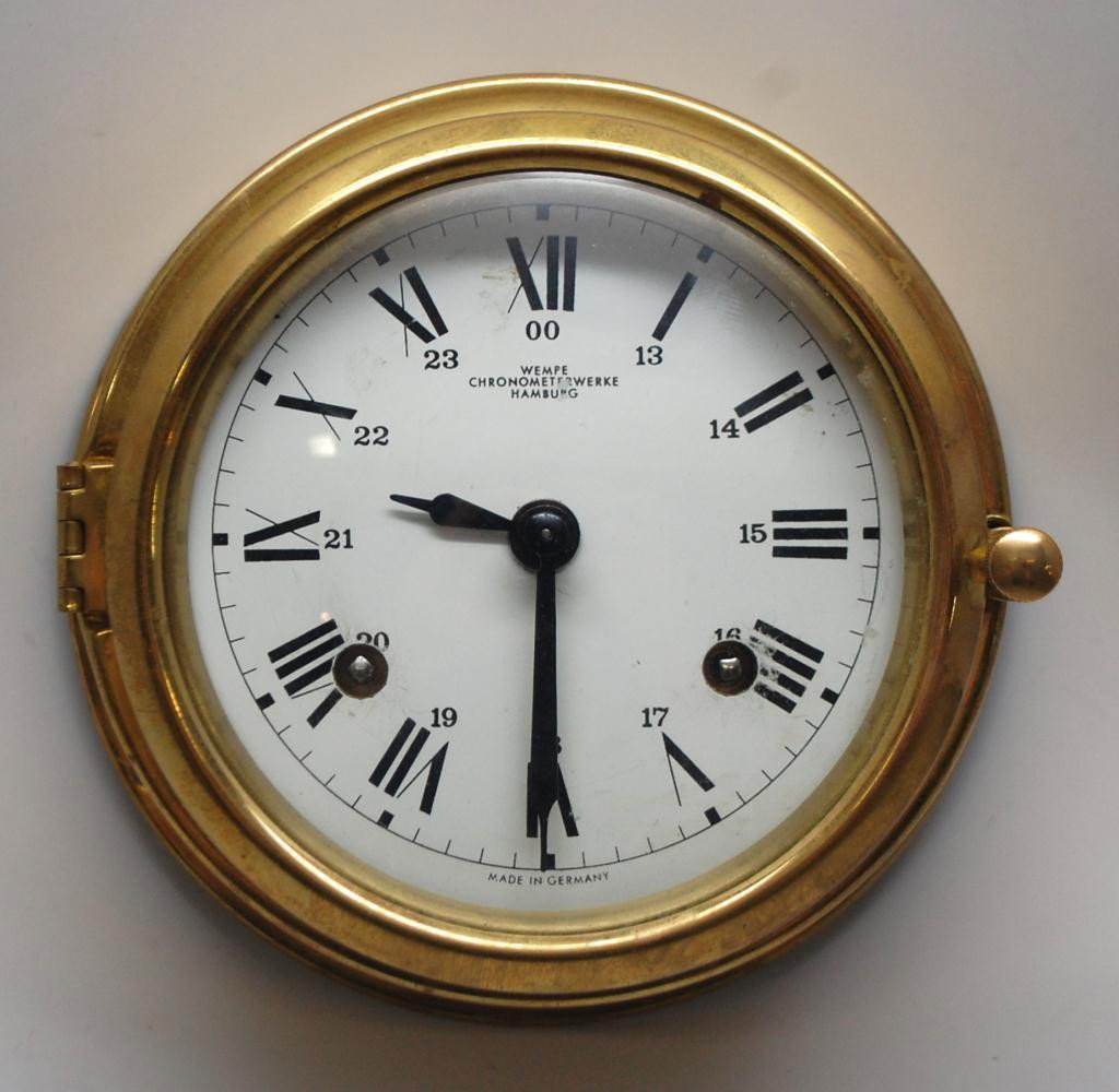 Nautical Ship's Clock: Wempe Chronometerwerke Germany, Brass, 5 1/4" diameter.