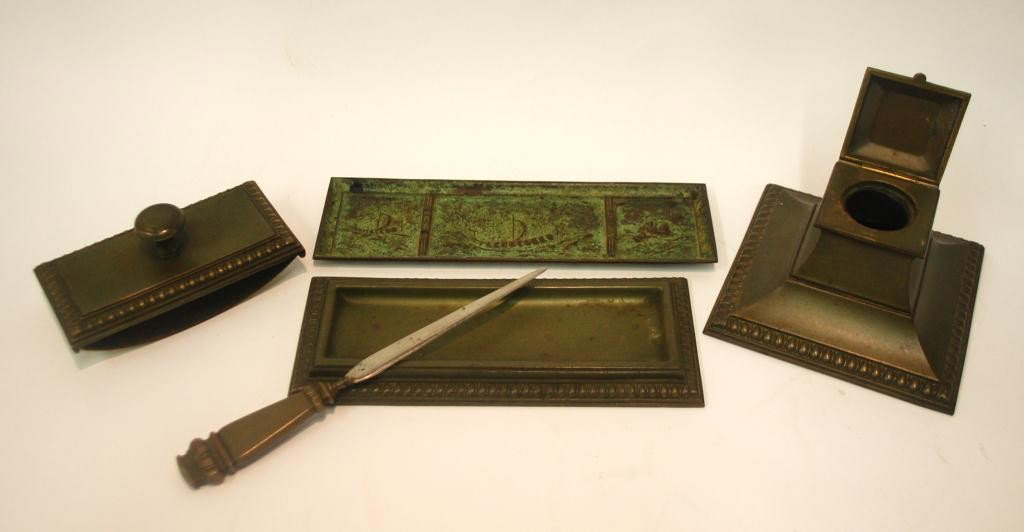 Jennings Brothers Desk Set: Inkwell, letter opener, pen tray, blotter, tray decorated with Egyptian boats.