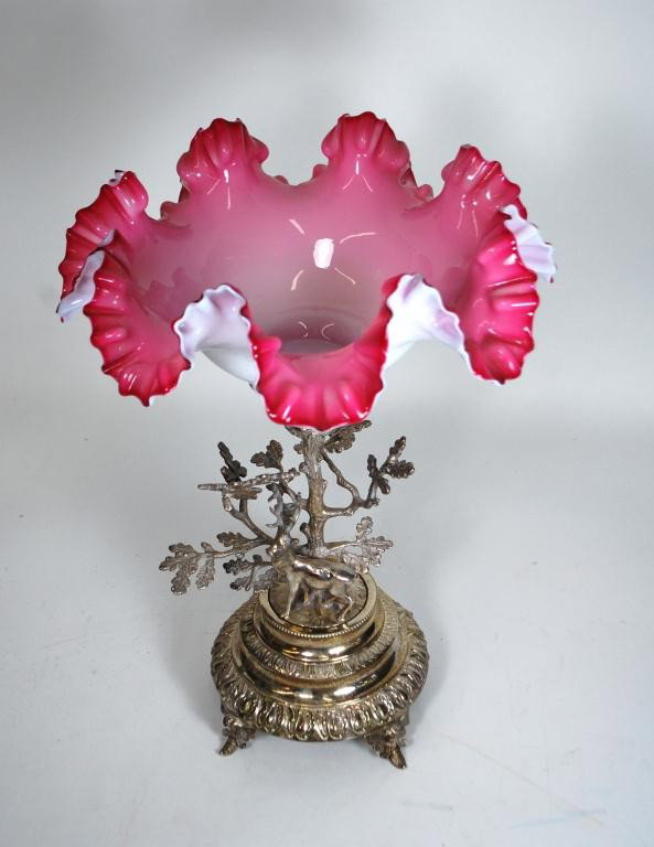 Comport, Ruffled Glass and SilverPlate: Silverplate base with brances and a deer, 14" tall