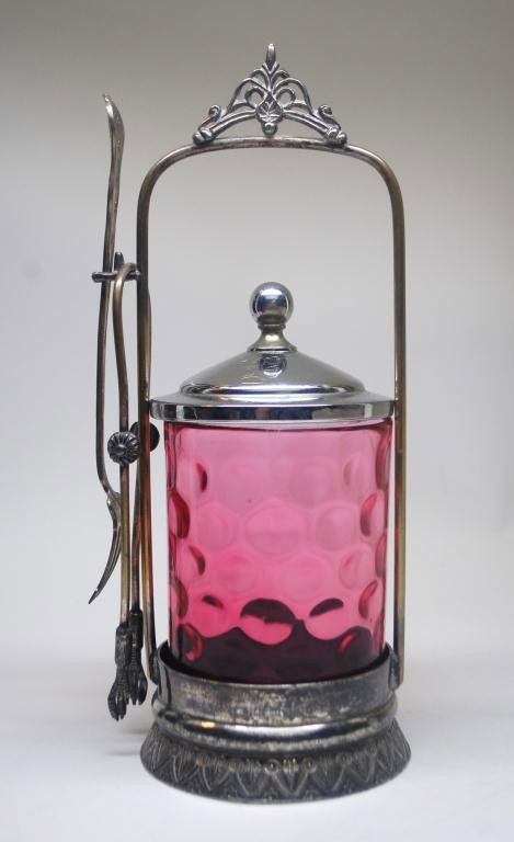 Victorian Cranberry Glass Pickle Caster: Rockford, Quadruple Plate, 10.5" tall