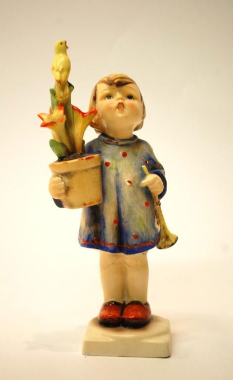 Hummel "Congratulations" 17/2 81/4" Crown Bee: Hummel "Congratulations" with Crown Full Bee Mark from 1935-1949. This is a very rare Hummel, and is the full size, 8 1/4" overall to the top of the bird. There is some damage-to the bird's beak, to t