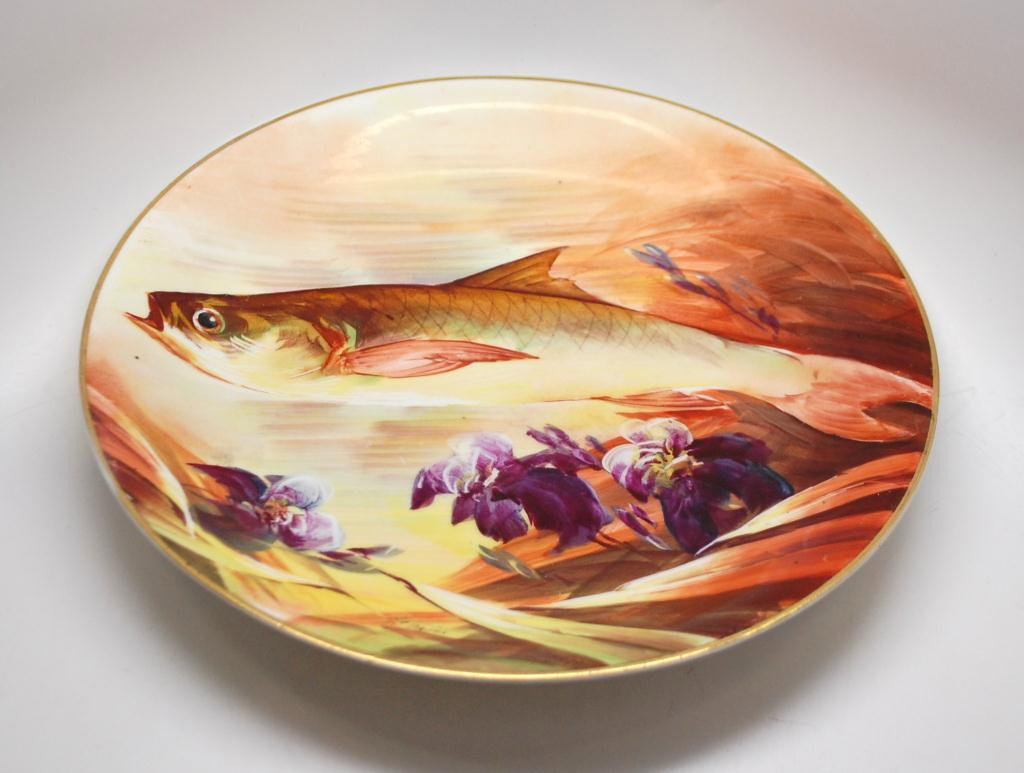 LRL Limoges France Fish Platter: Artist signed Henrios, Round Platter, 11 3/4" diameter.