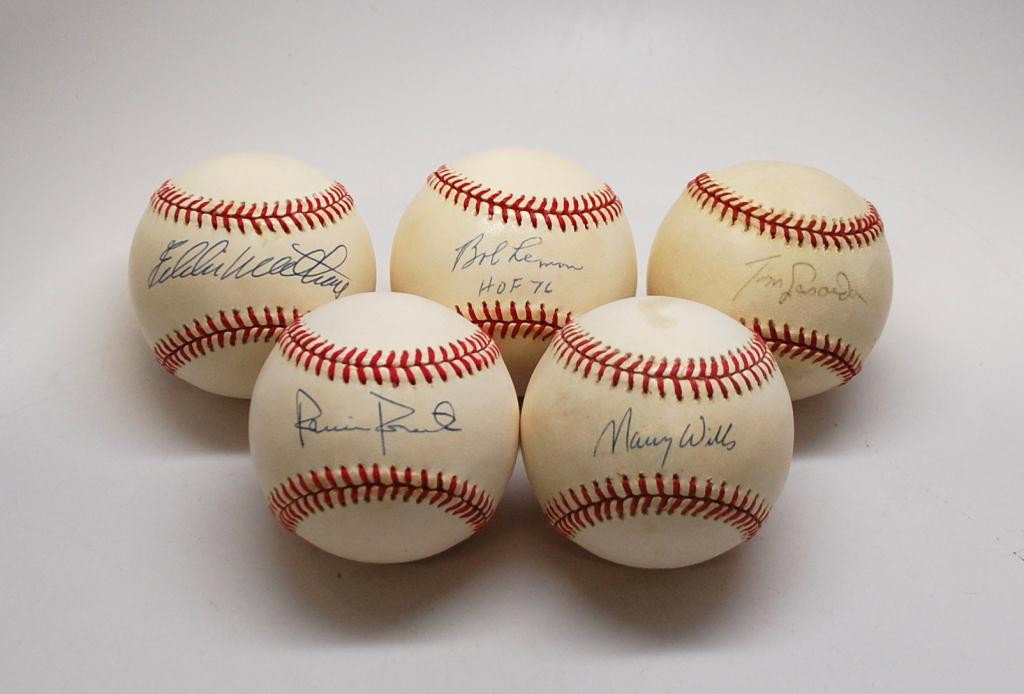5 Hall of Famer Autographed Baseballs: Autographed Eddie Mathews, Robin Roberts, Tommy Lasorda, Bob Lemon, & Maury Wills. 5 Single signed official League baseballs.