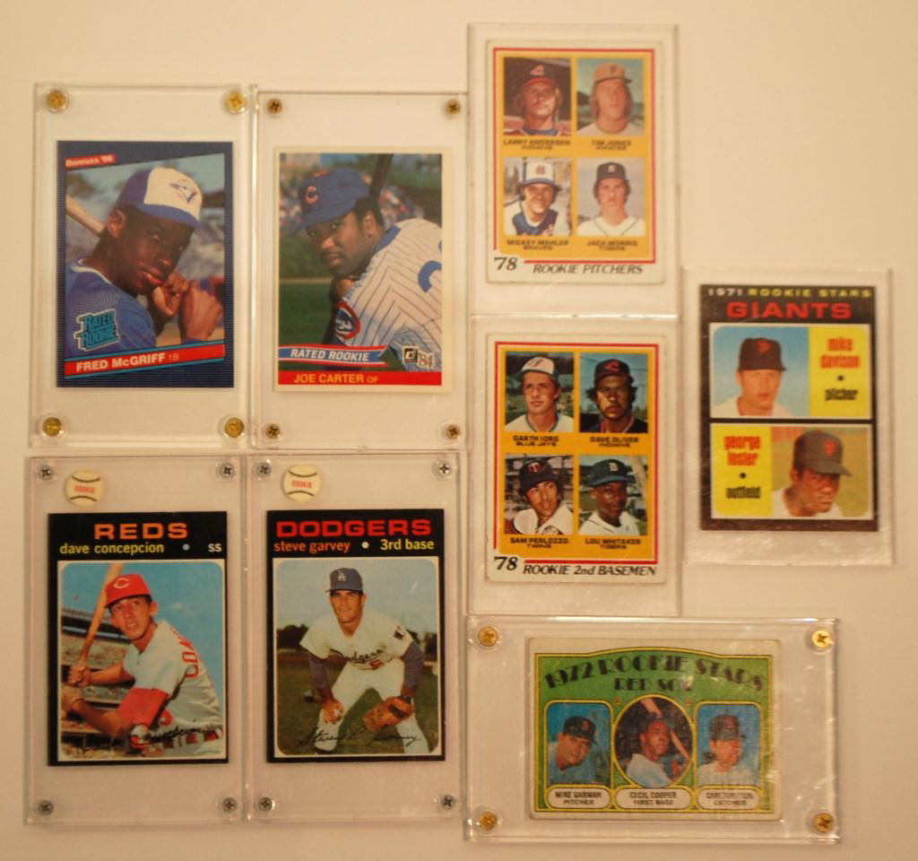 8 Rookie Baseball Cards: 1971 George Foster Rated Rookie, 1978 Jack Morris Rookie, 1978 Lou Whitaker Rookie Card, 1972 Carlton Fisk & Cecil Cooper, 1971 Dave Concepcion Rookie, 1986 Fred McGriff Rated Rookie, 1984 Joe Carter 