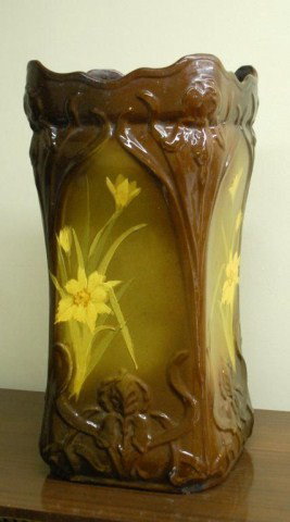 American Art Pottery Umbrella Stand: Brown Glaze with Floral Hand Painting, Art Nouveau Design. Unmarked. Damaged on lip, large chip.