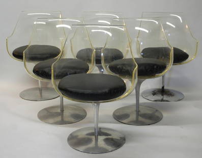 6 Erwin and Estelle LaVerne Champagne Chairs: 6 Perspex (Lucite) Champagne Chairs created by Erwin and Estelle LaVerne. with Aluminum Bases- 3 Chairs marked with Raised Laverne mark- other three with E 10-B embossed mark. On various locations on