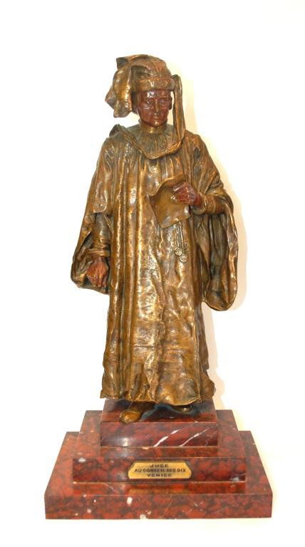 Renzo Colombo Bronze: Colombo (1856-1885-Italian) Bronze- JUGE AU CONSEIL DES DIX VENISE Figure of a Renaissance Scribe in cap robe- on tiered rose marble base. 22 tall overall.