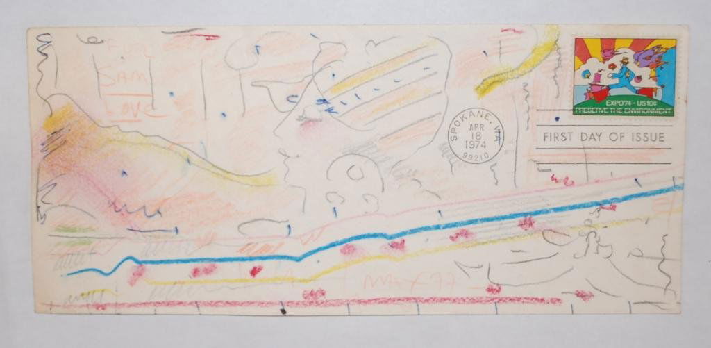 Peter Max Original Decorated Envelope: Signed and Dated Max 77 and inscribed "For Sam", with original first day issue Peter Max Stamp