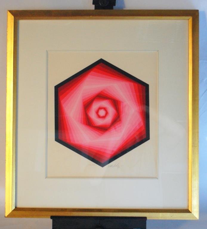 Victor Vasarely Signed Serigraph Radau: Signed Lower Right- Hand Numbered 232/300 Lower Left- Matted and Framed under glass. 24 x 26 overall.