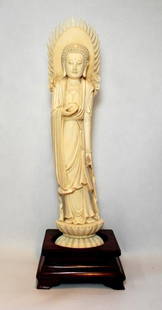 Large Ivory Figure Quan Yin: on Lotus- with attached mandorla- 24 1/4 tall overall.