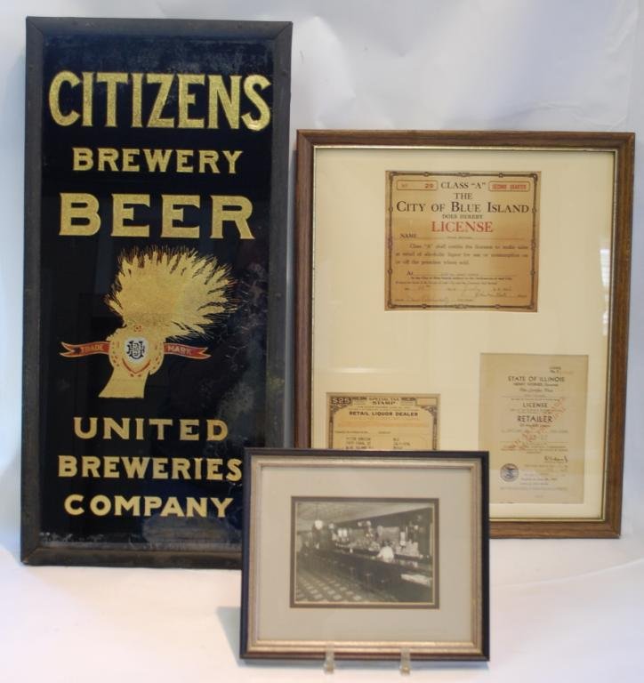 Citiizens Brewery Beer Sign 1930s/40s and other: Citizen Beer Sign made of wood and glass- 1937 and 1946 Bar Liquor License- and a photograph all from a Bar in Blue Island- IL- which was destroyed by fire. Also includes a group of documents relating