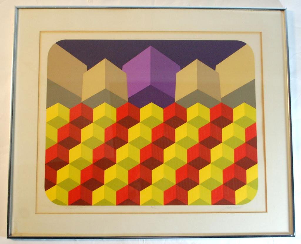 Marko Spalatin "Pamul VIII" signed Serigraph: Pencil signed lower right and titled lower left. Numbered 52/70 in center. Matted and framed under glass. Some toning along matt edge. Paper size 25" x 30". 34 1/4" x 28.5" overall.