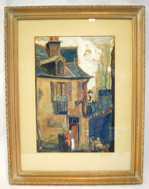 Paul B. Travis Signed Watercolor "LeMans": Paul Bough Travis (American, 1891-1975) signed in pencil lower left, dated 1919, 22" x 28" matted and framed under glass.