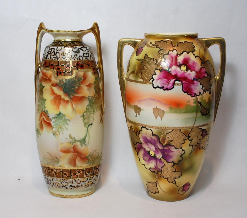 2 Nippon Moriage Floral Gilt Vases: 2 Nippon Moriage Floral Gilt Vases