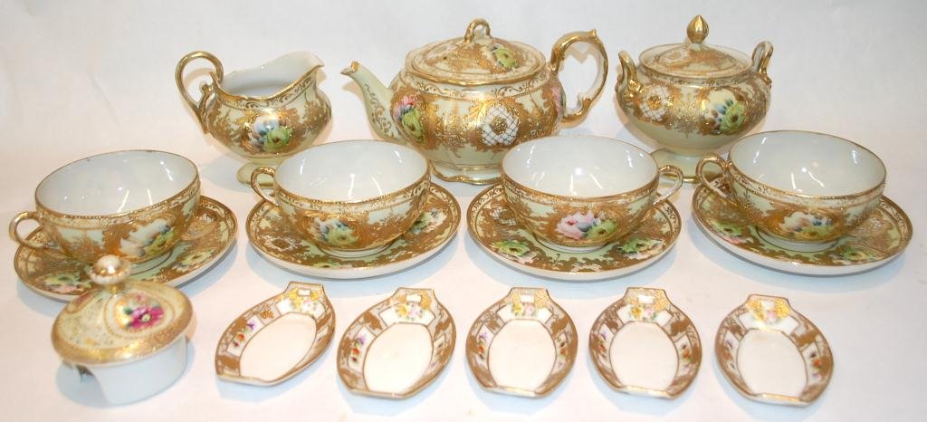 Nippon Hand Painted Floral Gilt Tea Set: Nippon Hand Painted Floral Gilt Tea Set