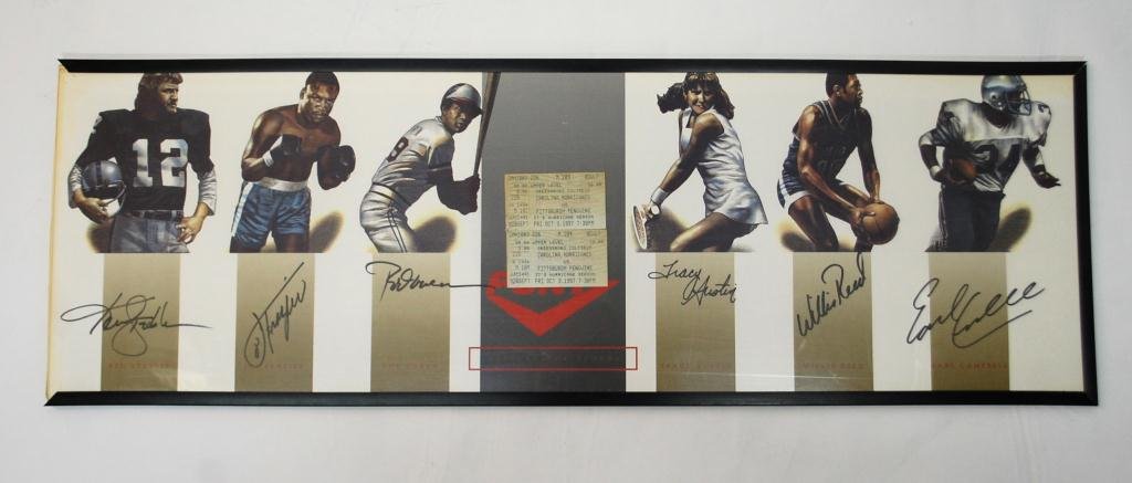 Multiple Autographed Sports Poster, Joe Frazier,: Ken Stabler, Joe Frazier, Rod Carew, Tracy Austin, Willis Reed, Earl Campbell. A limited edition signing created as a promotion for Pony footwear.