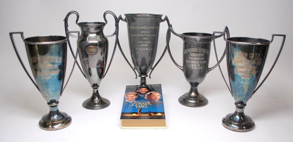 5 Early 20th c. N.C. Golf Trophies- Bagger Vance: 5 Early 20th Century North Carolina Golf Trophies all won by Tully D. Blair, Greensboro, N.C. Tully D. Blair was a longtime executive with Pilot Life Insurance which is located across the street from