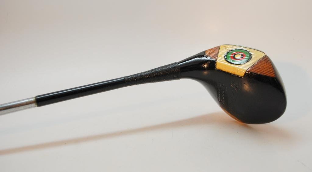 Wright & Ditson Fancy Face #2 Wood: Fancy Inlaid Multi Colored Face Insert. Marked "Wright & Ditson", "Record", "#4 Y925 Patd. April 24, 1923". Early steel shaft.