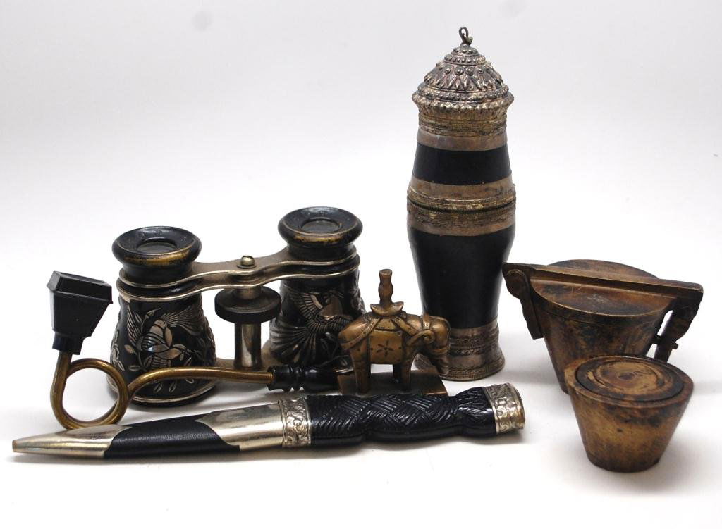 6 Victorian & Early 20th C. Items: Conqueror Opera Glasses w/ birds/flowers, Reproduction Scottish Dirk, Enameled Copper & Silver Aphgan Powder Case, Scarce Gutta Percha Cigarette Holder, Elephant Seal marked China, Set of Graduated We
