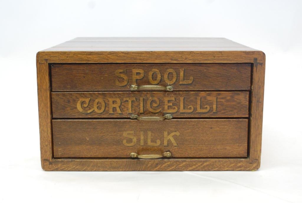 Corticelli Silk Spool Cabinet: 3 Drawer Oak 15" x 15" x 8"