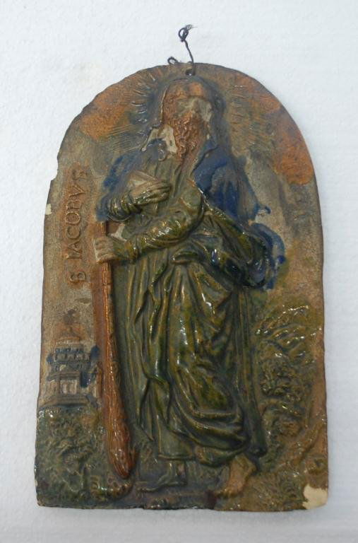 St. James Pottery Icon likely 16th century: Likely 16th century religious icon depicting Saint Iacobvs or St. James, depicted as a pilgrim with book and staff, glazed terra cotta cast tile. Once the property of Jacques Lipchitz and given to cur