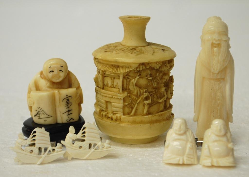 Ivory Pieces-Netsuke & Snuff bottle: Carved Ivory snuff bottle, Ivory Joyful Buddha netsuke, Ship and Buddha cufflinks in ivory, Wiseman.