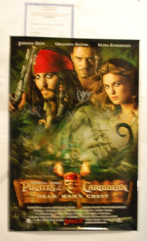Pirates of the Caribbean Autographed Movie Poster: Signatures include Johnny Depp, Keira Knightly, Orlando Bloom, Geoffrey Rush