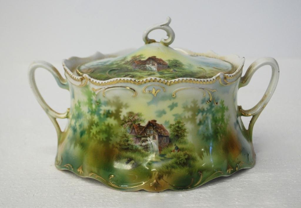RS Prussian Covered Biscuit Jar: Hand Painted with a Scene of a Mill and Figure.