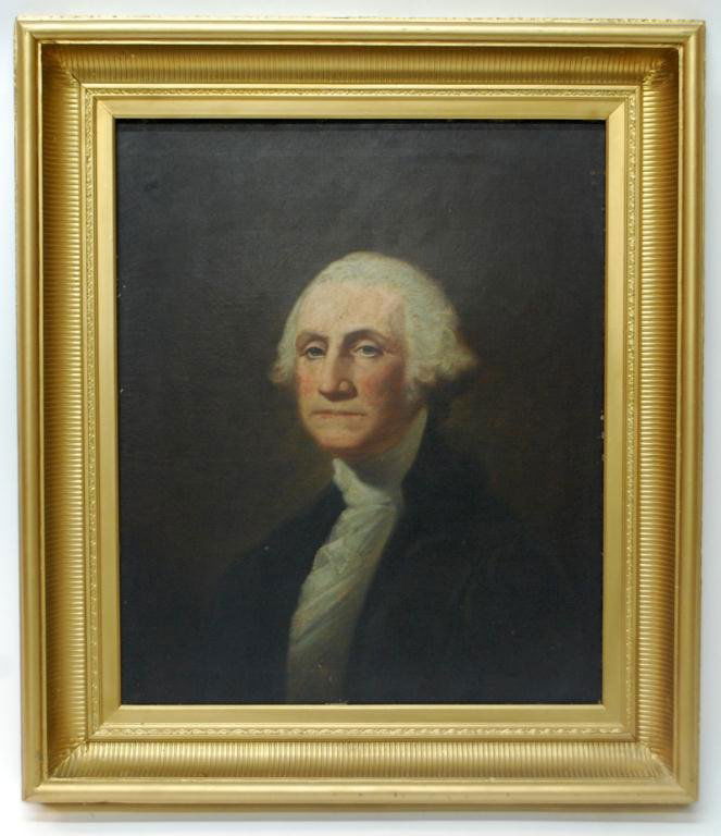 19th Century George Washington Portrait after Stuart: Oil on Canvas after the famous painting by Gilbert Stuart. Canvas size 30.5" x 25", overall 34.5 x 39.5" overall. Period Fluted Carved Gilt Frame. Acquired by the current owners Grandfather in Philade