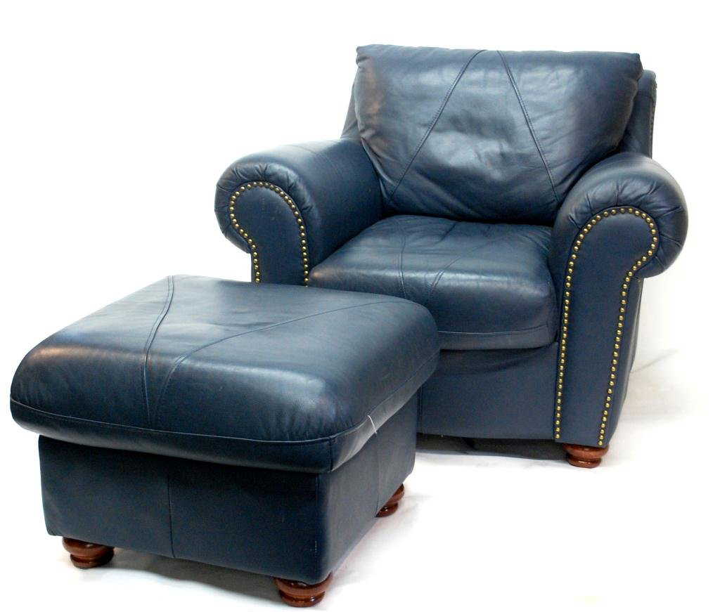 Custom Klaussner Blue Leather Chair & Ottoman