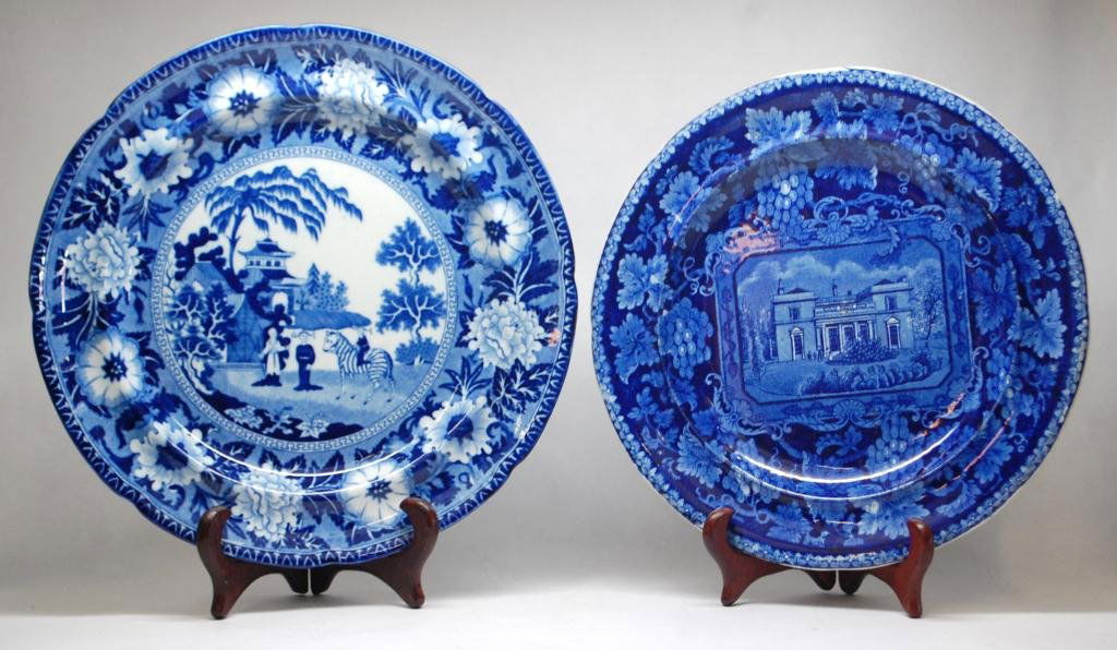 Two Early Staffordshire Blue and White Plates: John Rogers & Son "Zebra" Pattern 10" plate in dark blue transfer with Eagle Mark 1814-1836 by Staffordshire as well as a 8" dark blue Historical Plate "Hanover Lodge, Regent's Park" English View c 18
