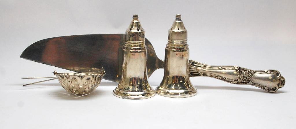 Reed & Barton Sterling Silver S&P, Mauser Server,: Cake Server with Sterling Handle and Stainless Blade, Reed & Barton Sterling Weighted Salt and Pepper, and a tea strainer marked Sterling.