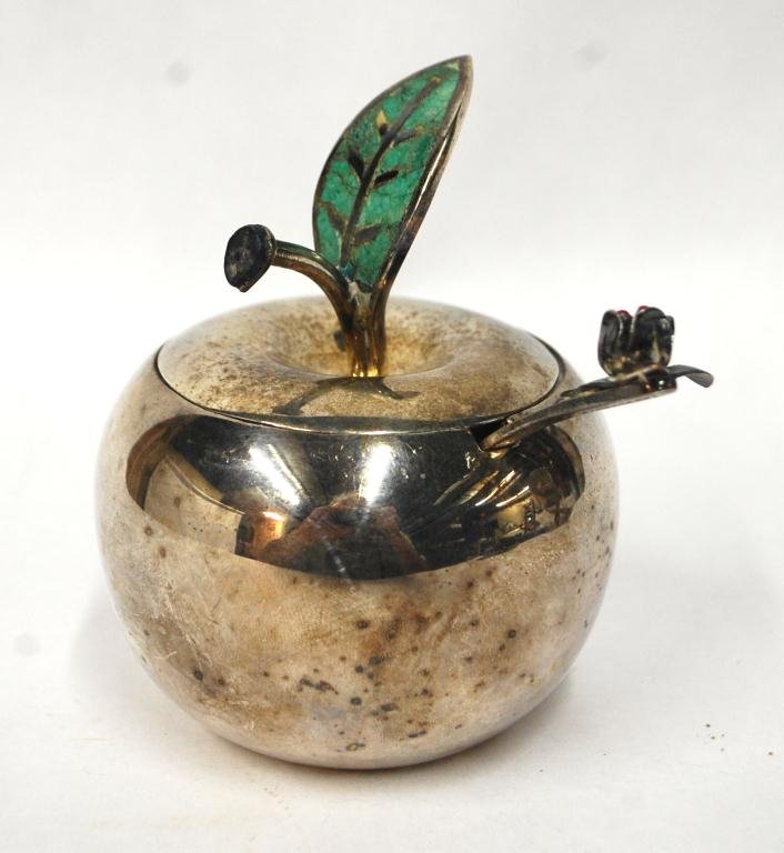 Los Castillo Mexico Silver Plated Sugar Apple: Castillo Co, Taxco Sugar with Turquoise inlaid leaf, and spoon decorated with a flower and inlaid Lapis.