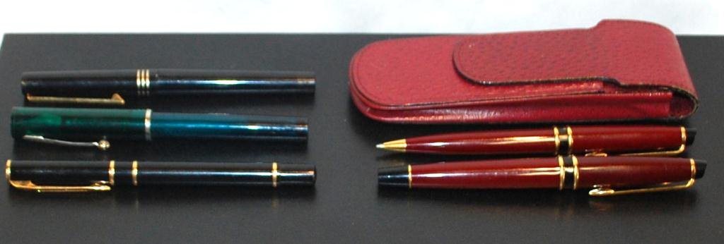 Waterman Set and Other Fountain Pens: Waterman Set in Faux Ostrich Holder as well as another Waterman Pen, a Schaefer and Osmiroid