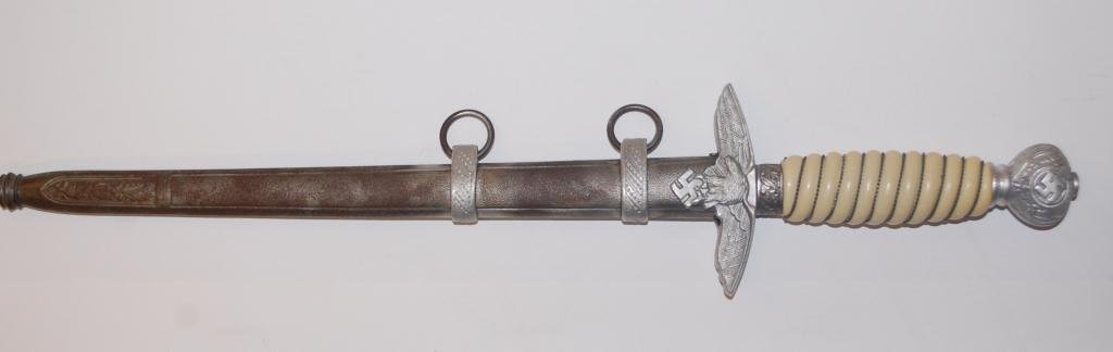 Nazi Luftwaffe Officer Dagger- Alcoso Solingen: GERMAN WWII OFFICER'S DAGGER, ALCOSo, ACS SOLINGEN having a 10" double edge blade etched: script 'Alcosa' above 'ACS' scales 'Solingen' trademarks (1937), plated hilt fittings with an off white spiral
