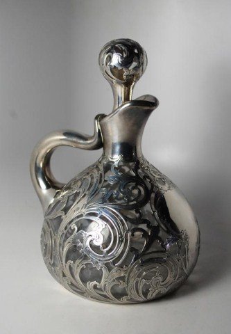 Alvin .999 Sterling Silver Overlay Pitcher: Alvin Silversmiths .999 Sterling Silver Filigree over Glass Decanter or Pitcher with Stopper, front plate was never monogrammed, circa 1885-1900, Art Nouveau design.8 3/4" tall. Please note there is a